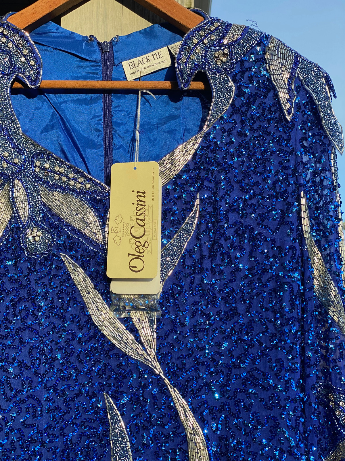NOS Vintage Oleg Cassini Sapphire Silk Sequin Full Length Dress Size 10 w/ tags