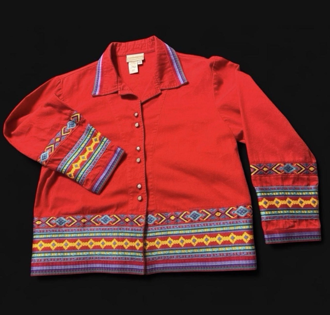 Woman’s Vintage 90’s Coldwater Creek Boho Southwestern Aztec Trim Button Jacket