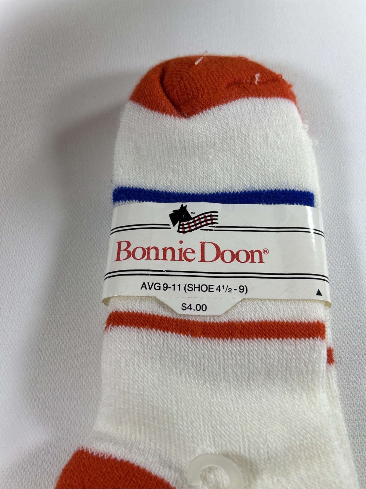 VTG 80s Bonnie Doon Socks Crew Anchor Acrylic Nylon Size 9-11 Orange White Blue.