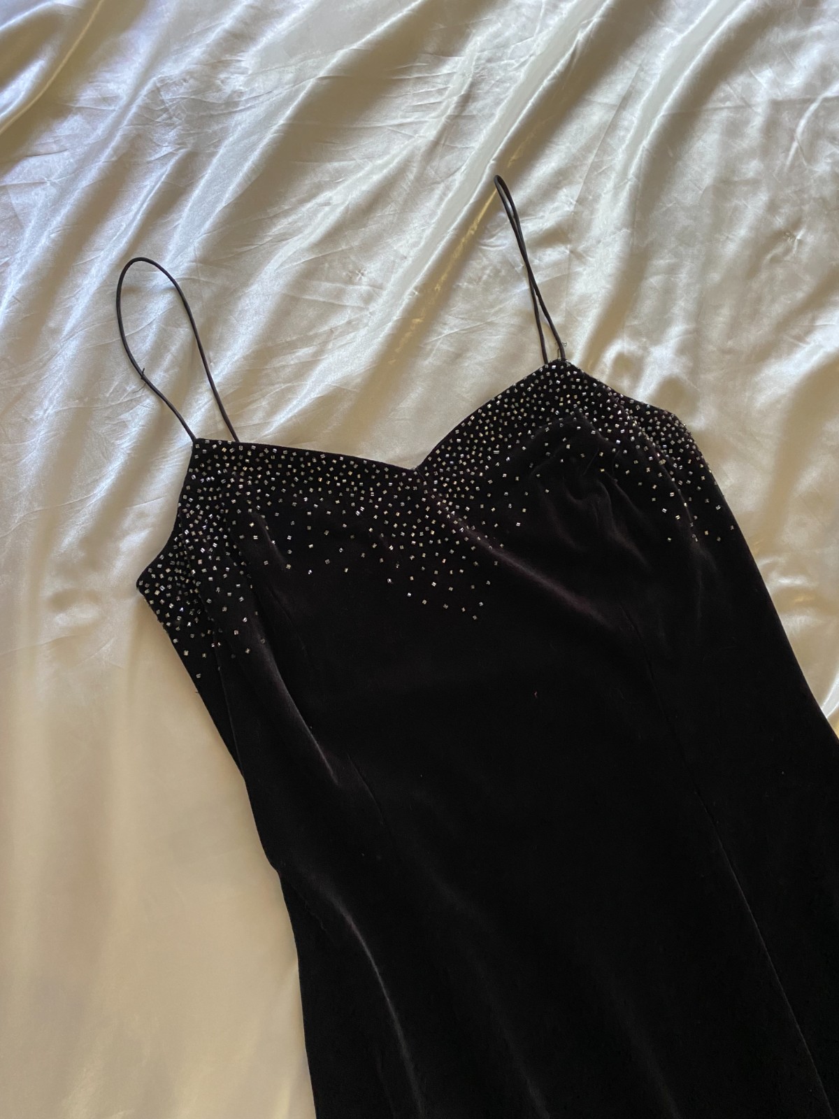 Vintage 1990s Black Velvet Cascading Beaded Gown Betsy & Adam Size 10 Prom