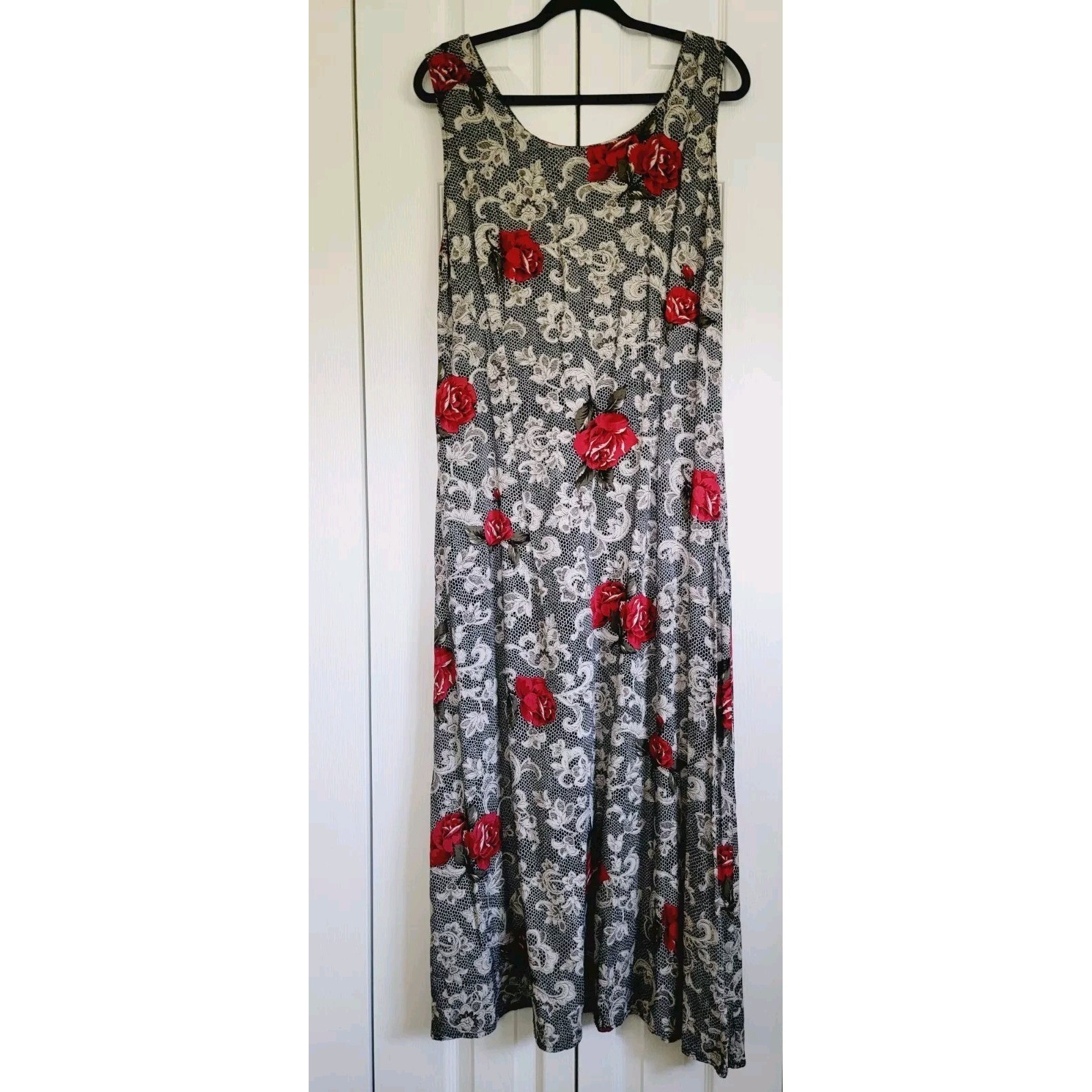 Expressions 14 Vintage Maxi Dress Red Rose Lace Print Sleeveless Rayon Y2K