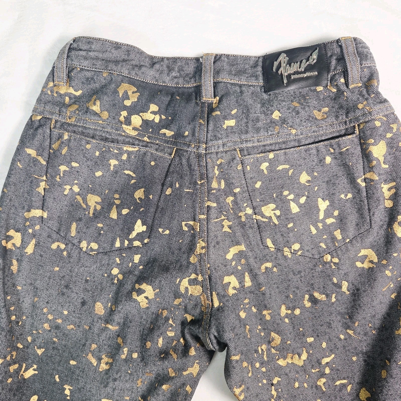 VTG Y2K Johnny Blaze Flame Jeans Womens Sz 7/8 Grey Metallic Gold Splatter Art