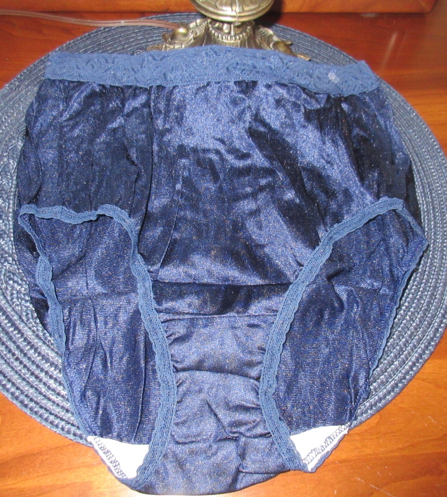 vtg FRUIT of the LOOM MIDNIGHT BLUE lace waist HI LEG SISSY sheer panties 6/M