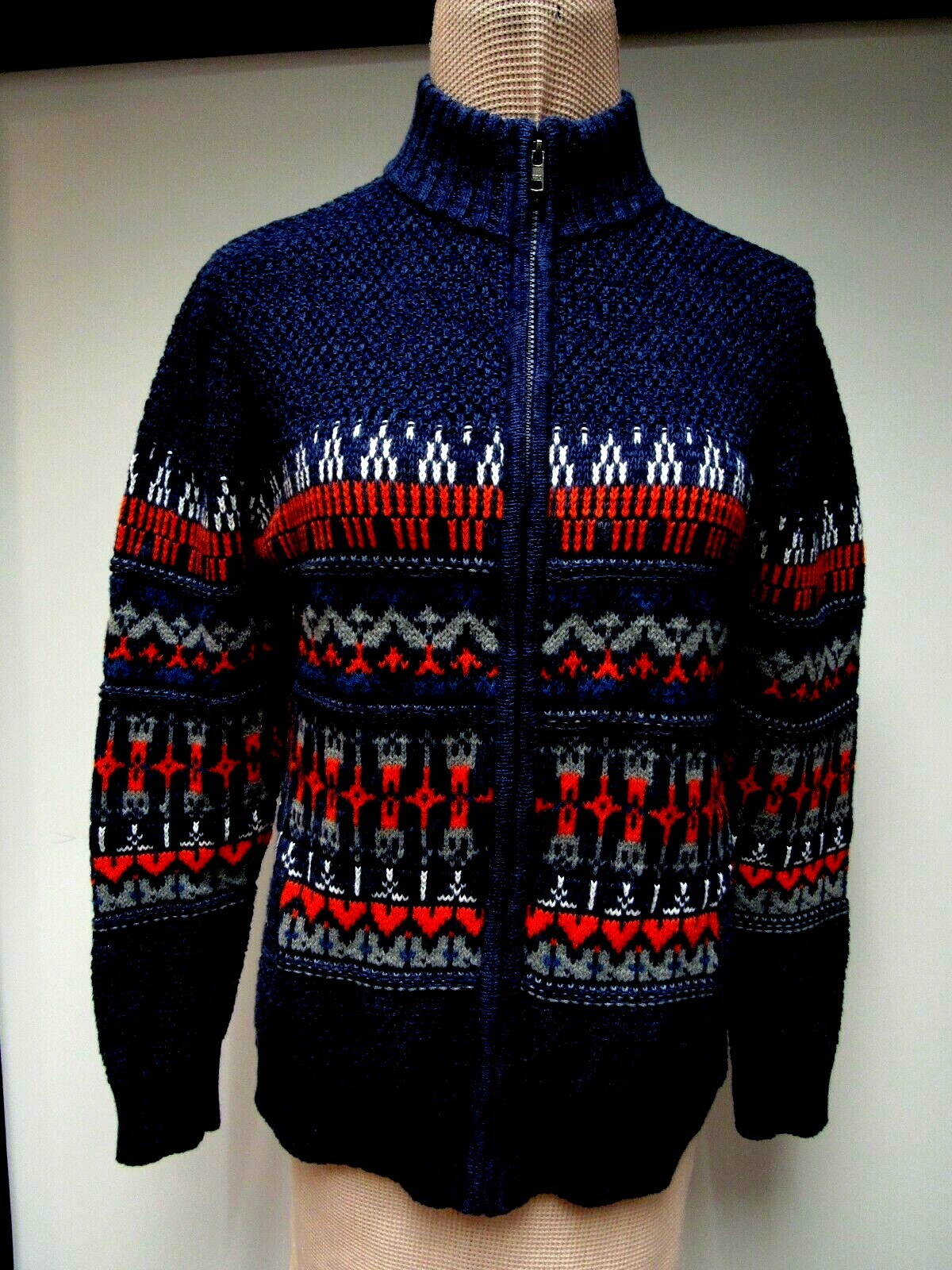VTG CHEROKEE Cotton Knit Sweater Cardigan Top Geo Orange Gray Navy Blue L EUC