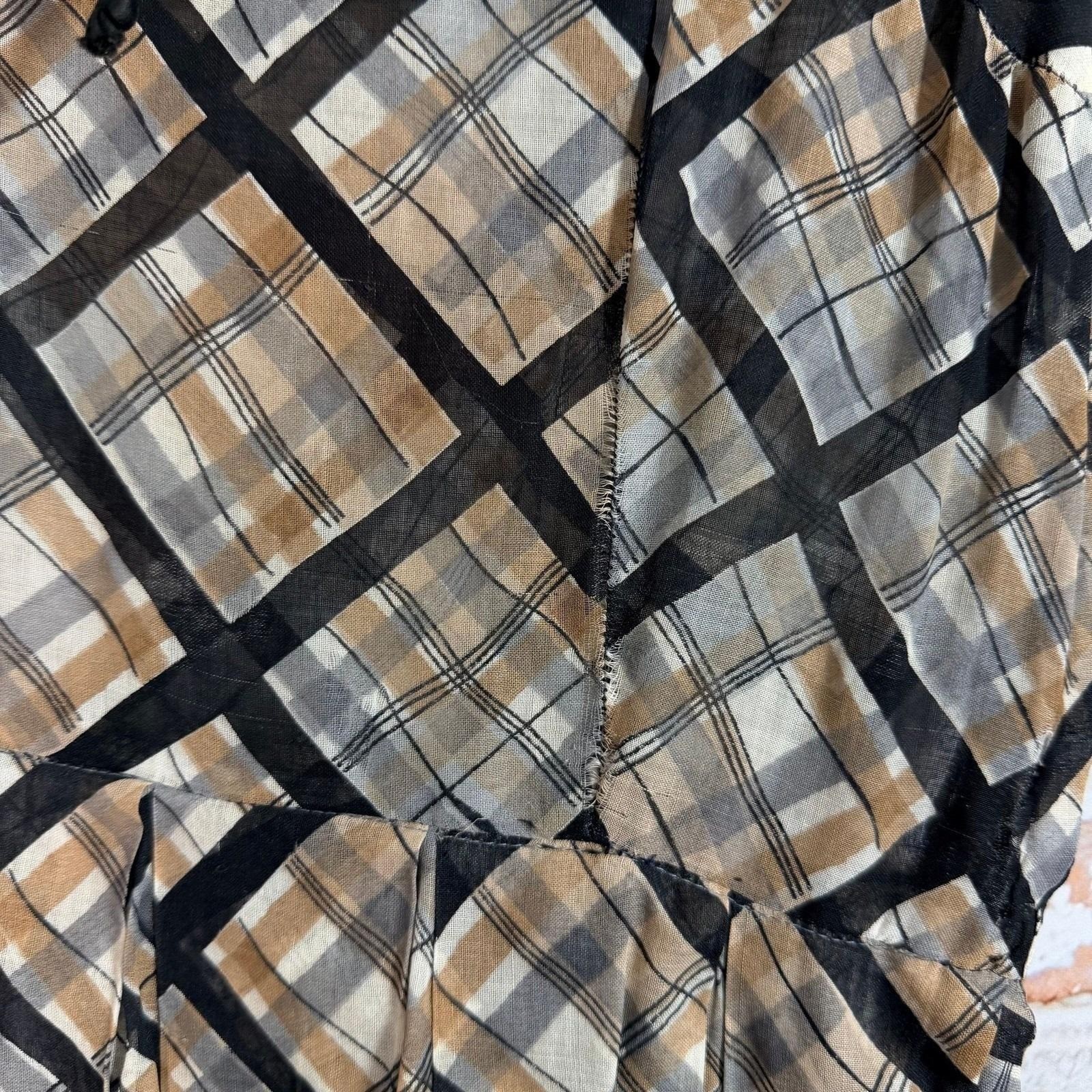 Jack Squire Plaid Dress Womens 1950s Vtg Black Tan Geometric Smocked Rockabilly
