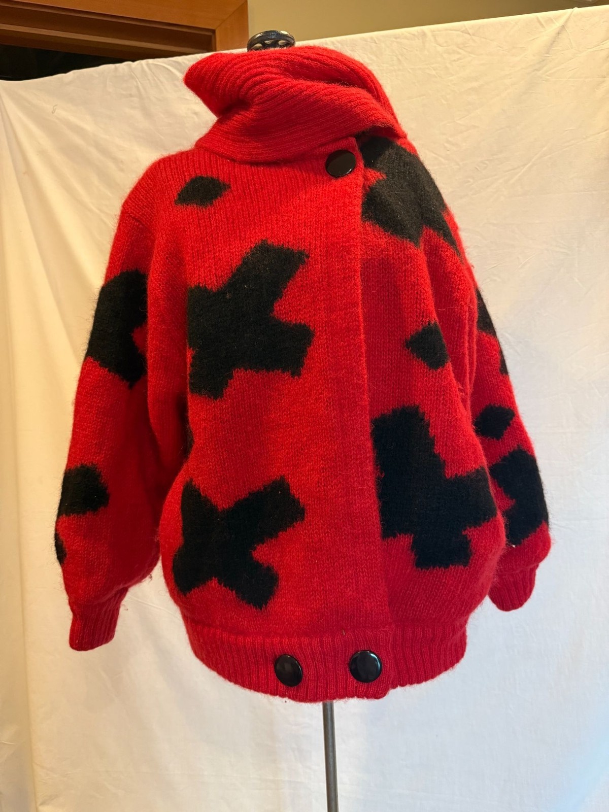 Vintage 80s Red Graphic Oversized Mohair Knit Jacket Statement Piece