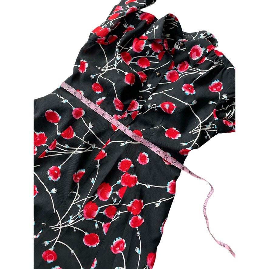 Pristine Vintage Pink Red floral on Black Midi Dress fits 6-8