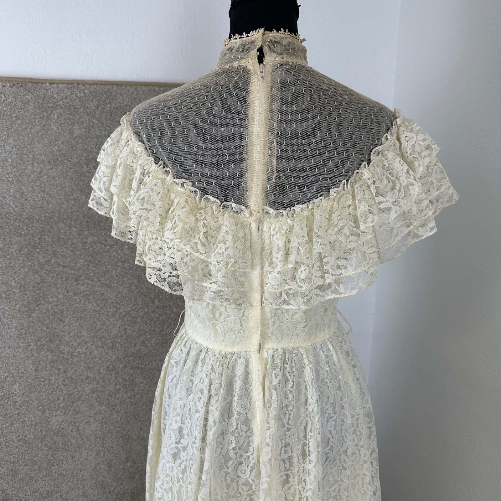 Vintage Candi Jones California Lace Maxi Dress Yellow Sash Victorian Prairie 9