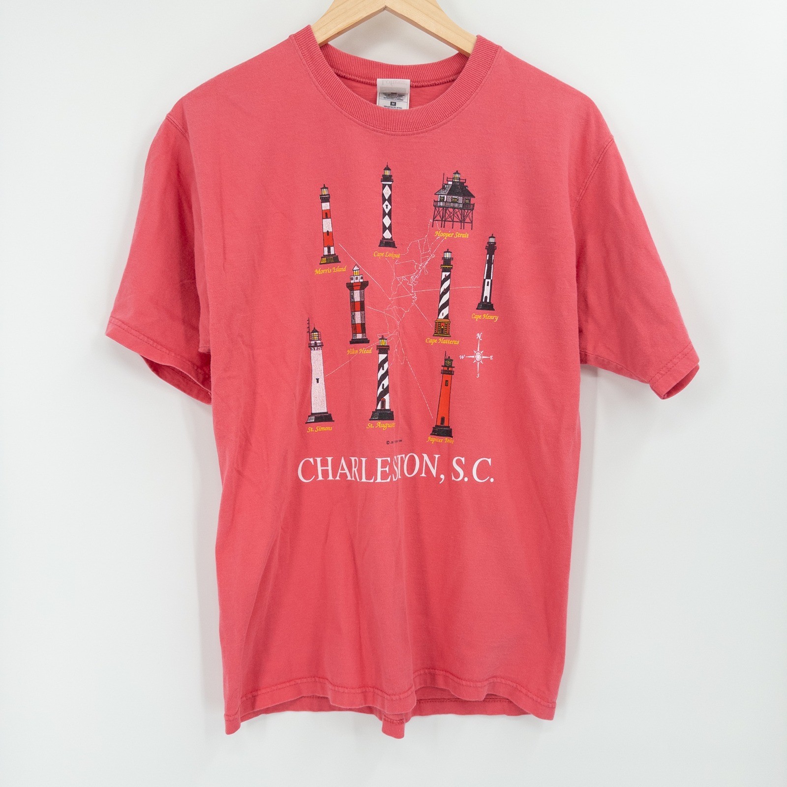 Vintage Charleston SC Lighthouse T-Shirt Womens M 90s Coral Pink Coastal Granny