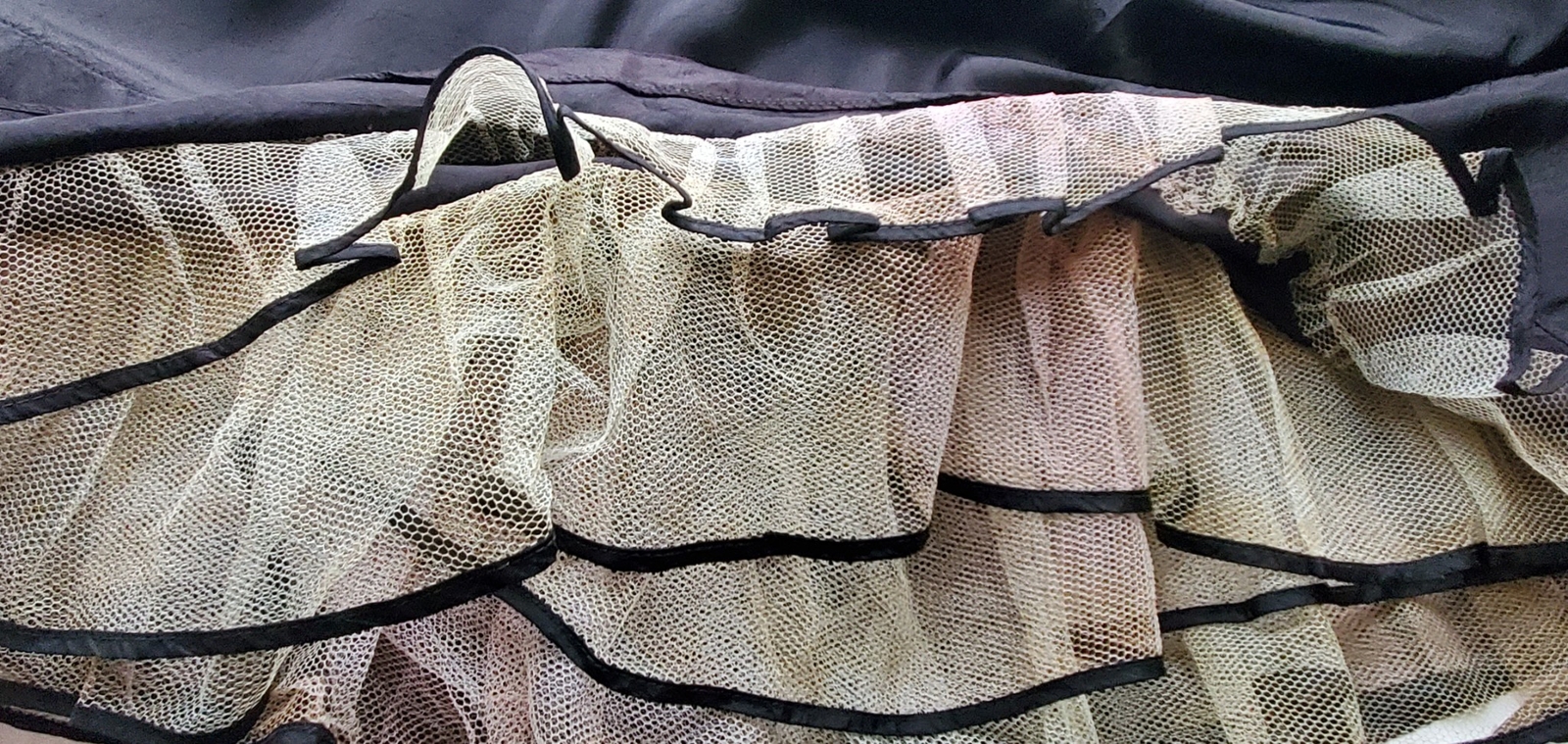 Vintage Long Black Nylon Slip Netting Ruffle at Hem W23″ stretches to 30″