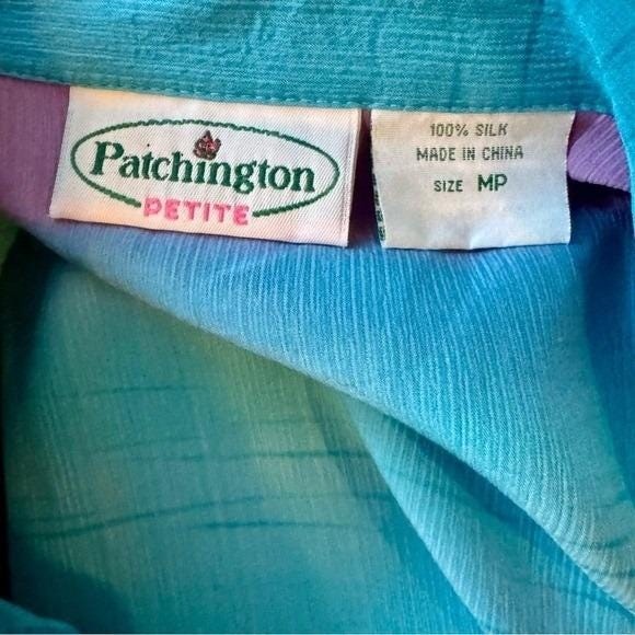 VTG 90s Patchington Blouse Silk Blue Purple Shoulder Pads Medium Petite Blanche
