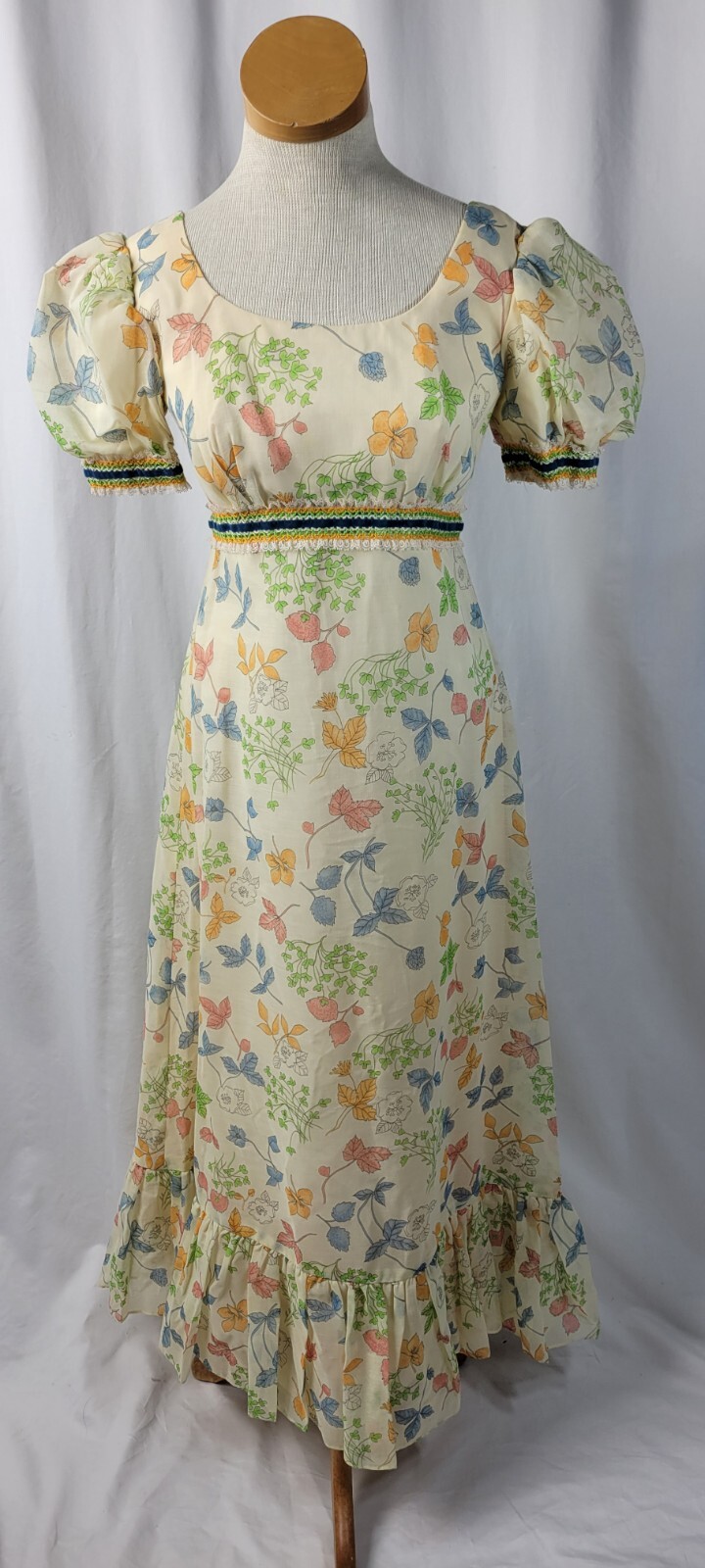 VTG ’70s PUFF SLEEVE FLORAL Maxi DAY DRESS /Tea Garden Party DRESS Sz Small S