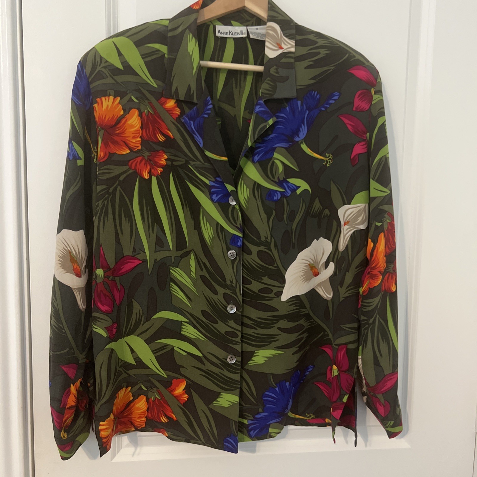 Vintage Anne Klein II Silk Blouse With Floral Design Shoulder Pads