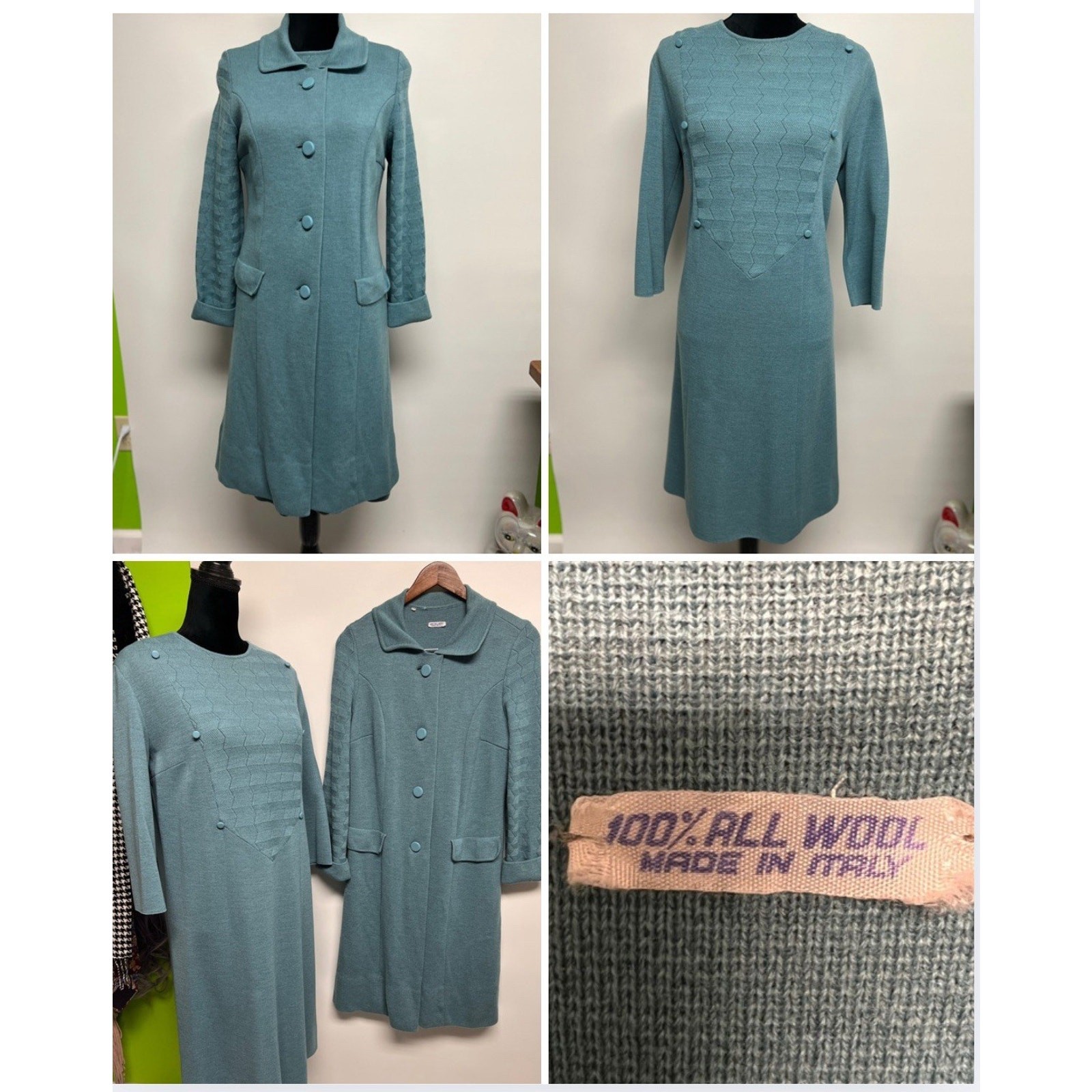 Vintage 40s Wool Knit Sweater Dress & Matching Coat 1940s Made In Italy Sz 14