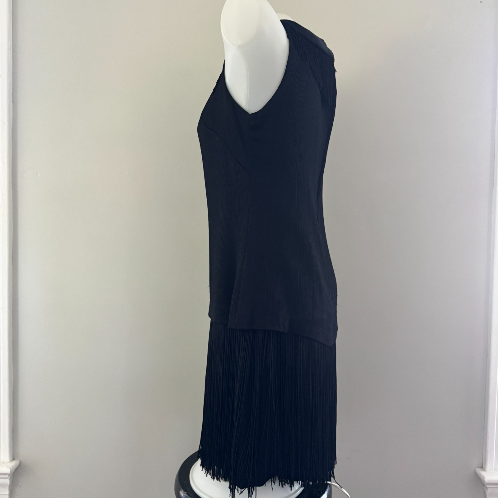vtg 60s MISS THEME NY Black Go-Go Dancer FRINGE Mini Shift Dress Costume Mod LBD