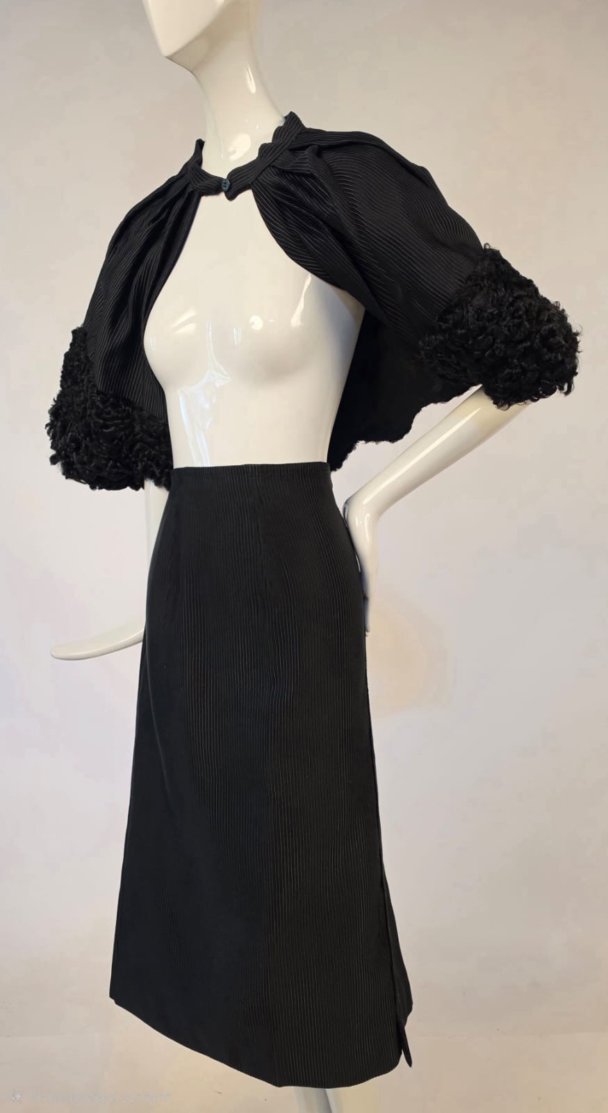 LATE 1930’S THICK BLACK SILK FAILLE SUIT W PERSIAN LAMB TRIMMED CAPE W ARMHOLES