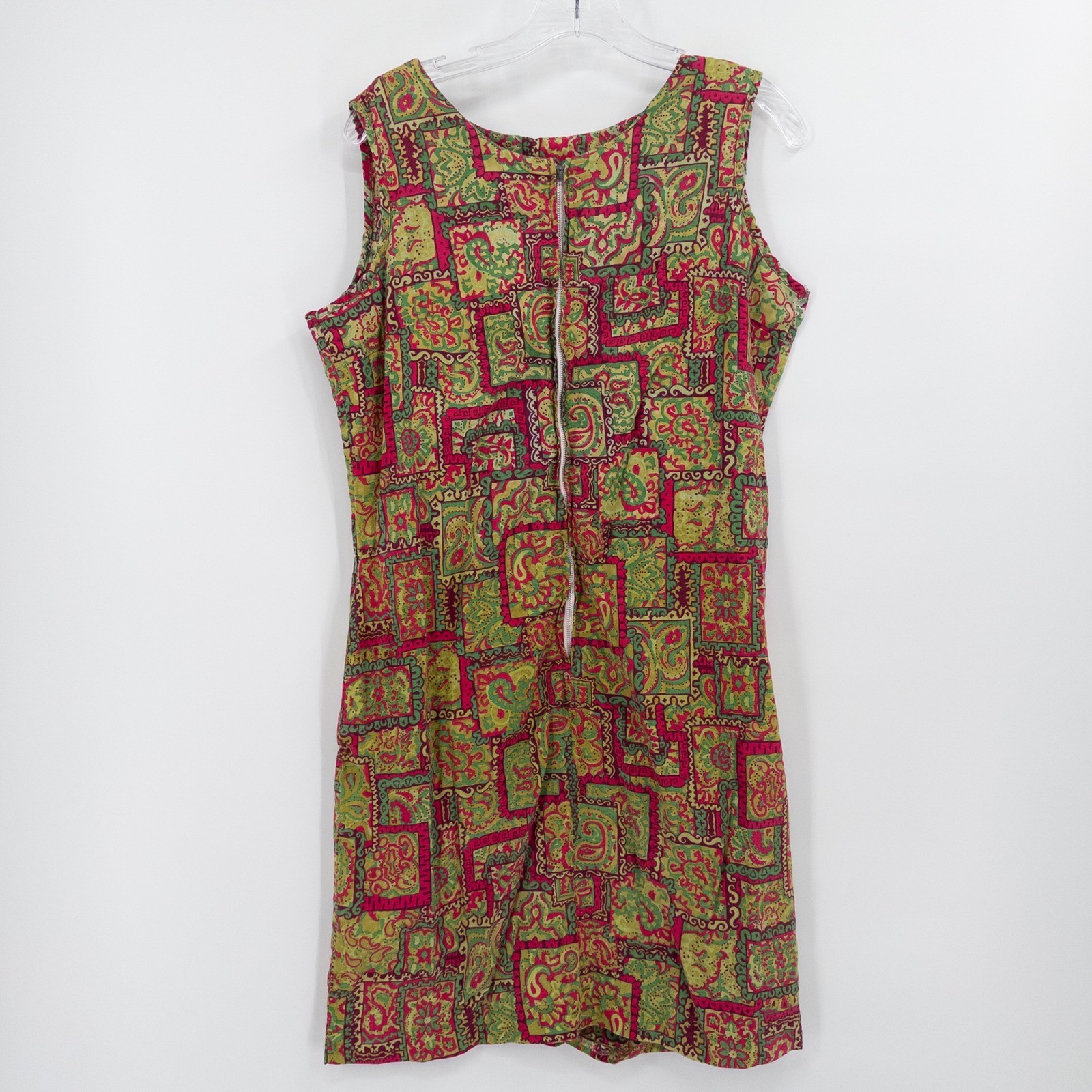 Vintage 60s 70s Shift Dress Womens Large Paisley Pink Green Psychedelic Mod
