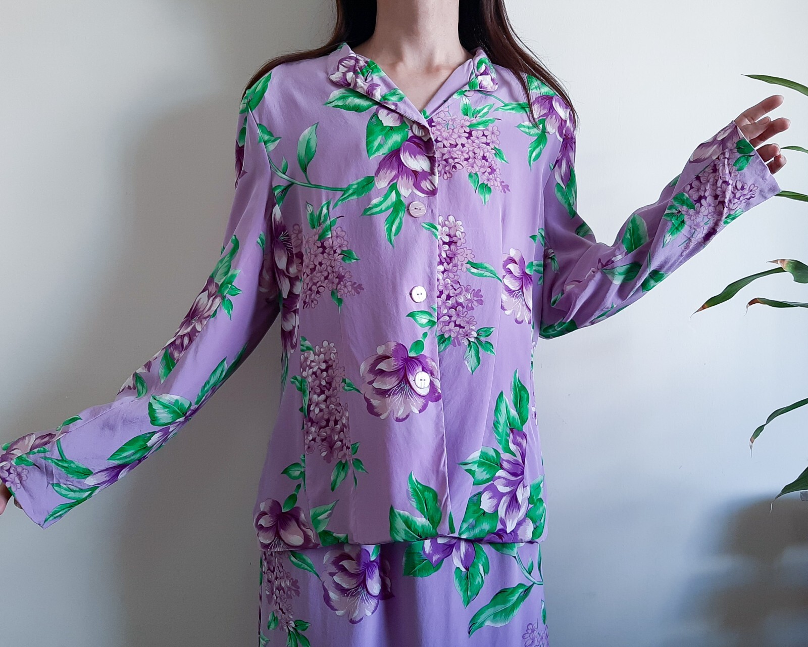 METRO STYLE Purple Floral 100% Silk Dress Jacket Set 2 Piece set Size 16 Size XL