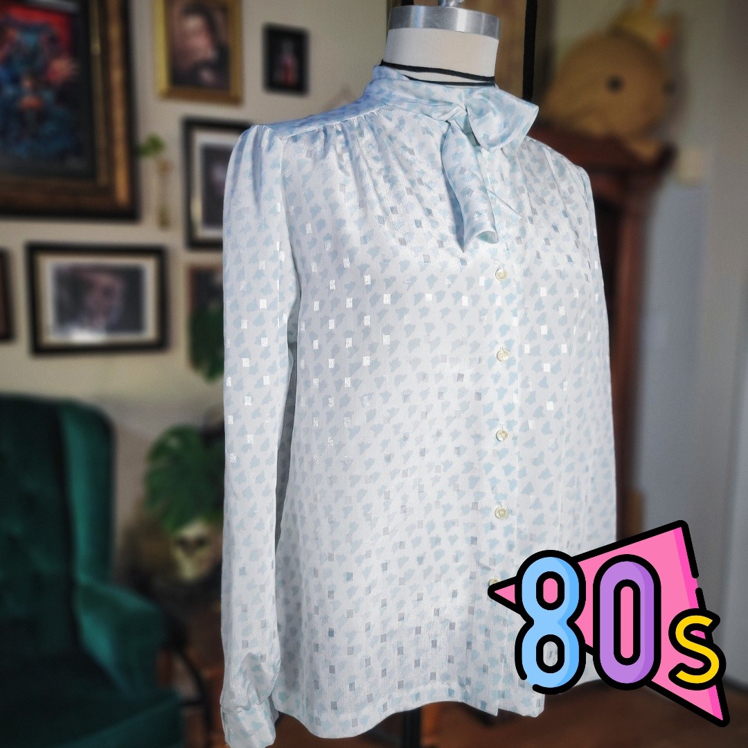 Vintage 80s Rrrrruss Sheer Bow Blouse Light Blue Silver Geometric Sheer Large