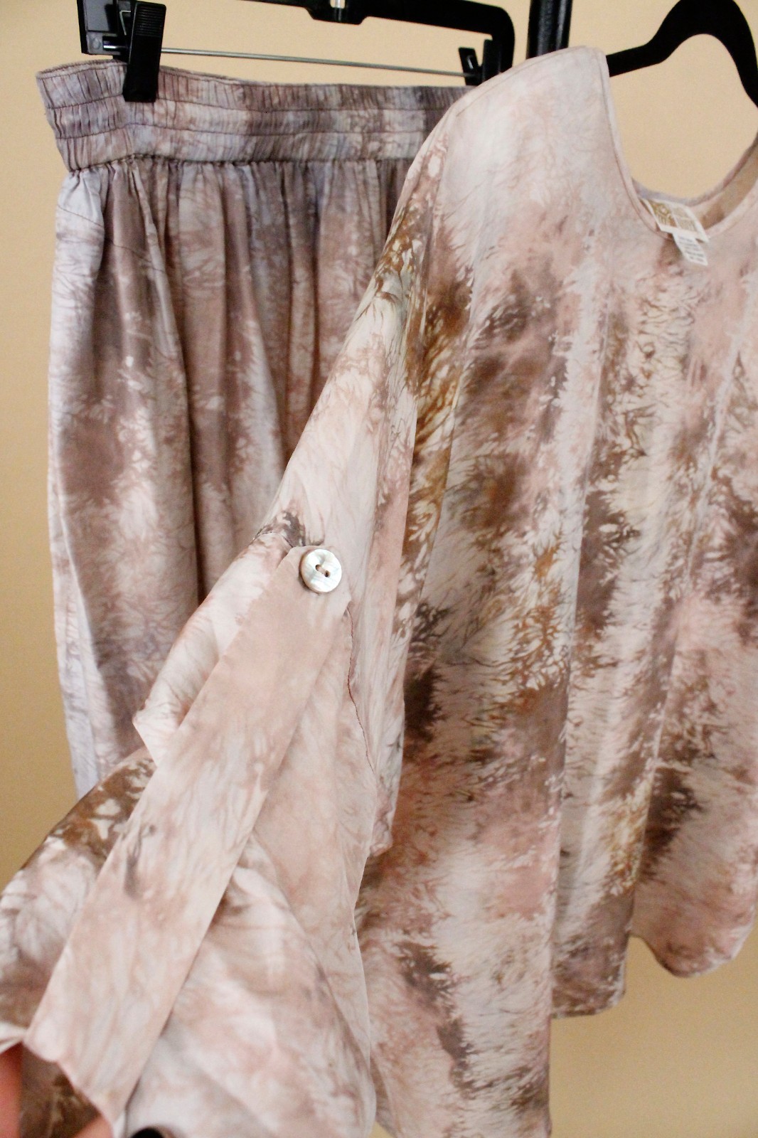80s Vtg Silk Beige Gold Laise Adzer Langenlook Moroccan Harem Pant Suit OS