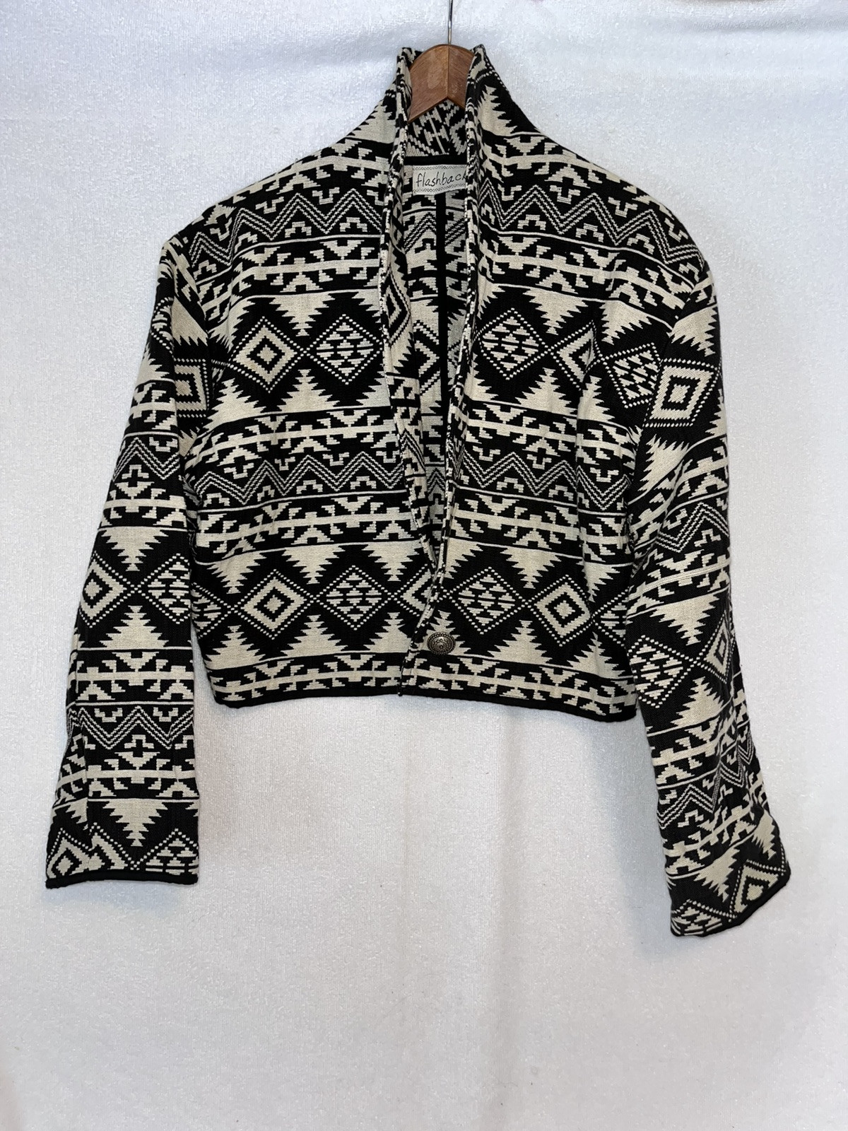 Vintage 80’s Southwest Blanket Bolero Crop Jacket Black Cream M-L Flashback