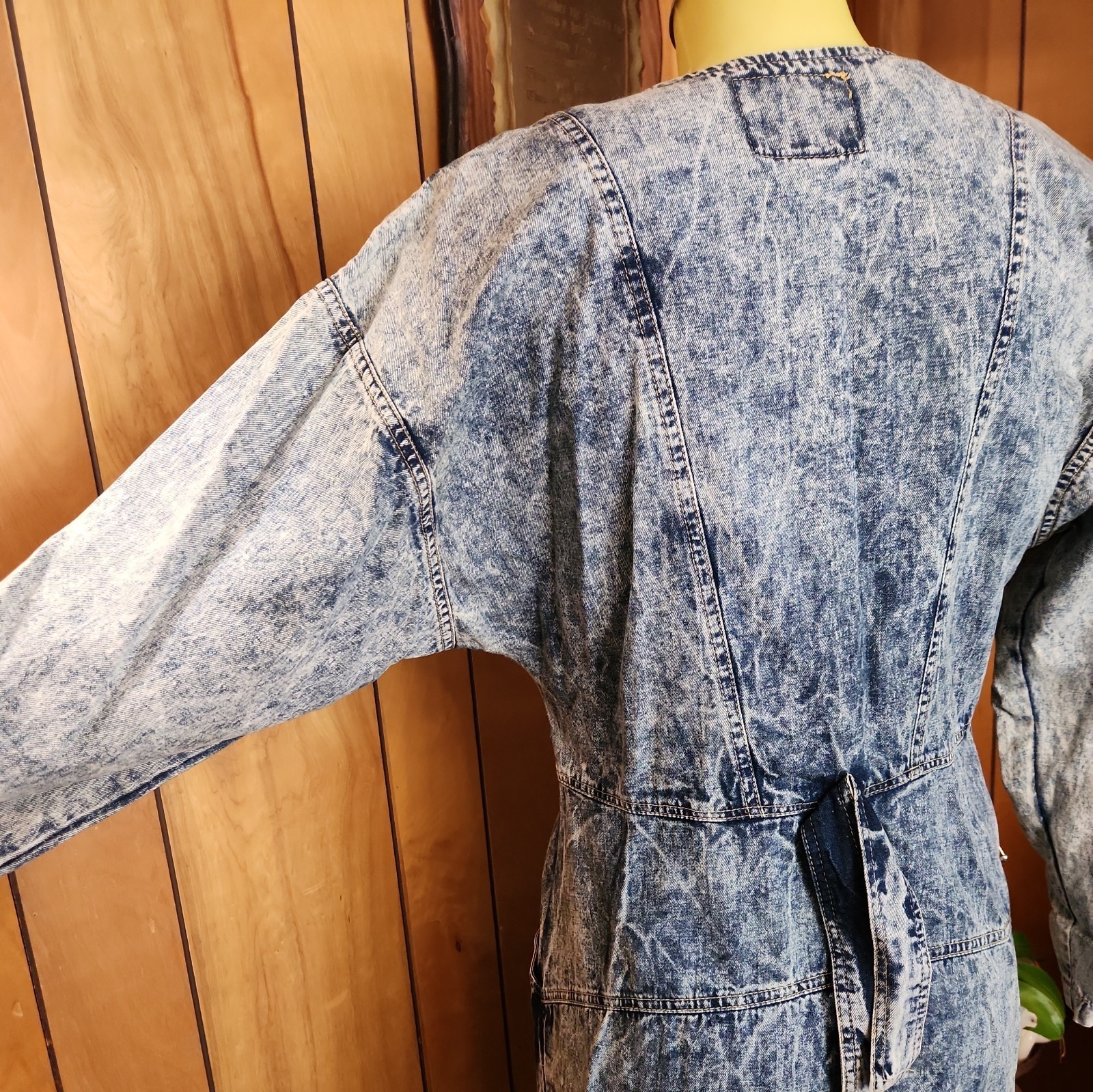 Vtg 80s ZIP UP ACID WASH LONG SLEEVE DENIM DRESS SIZE 3 Power Suit Hair Band