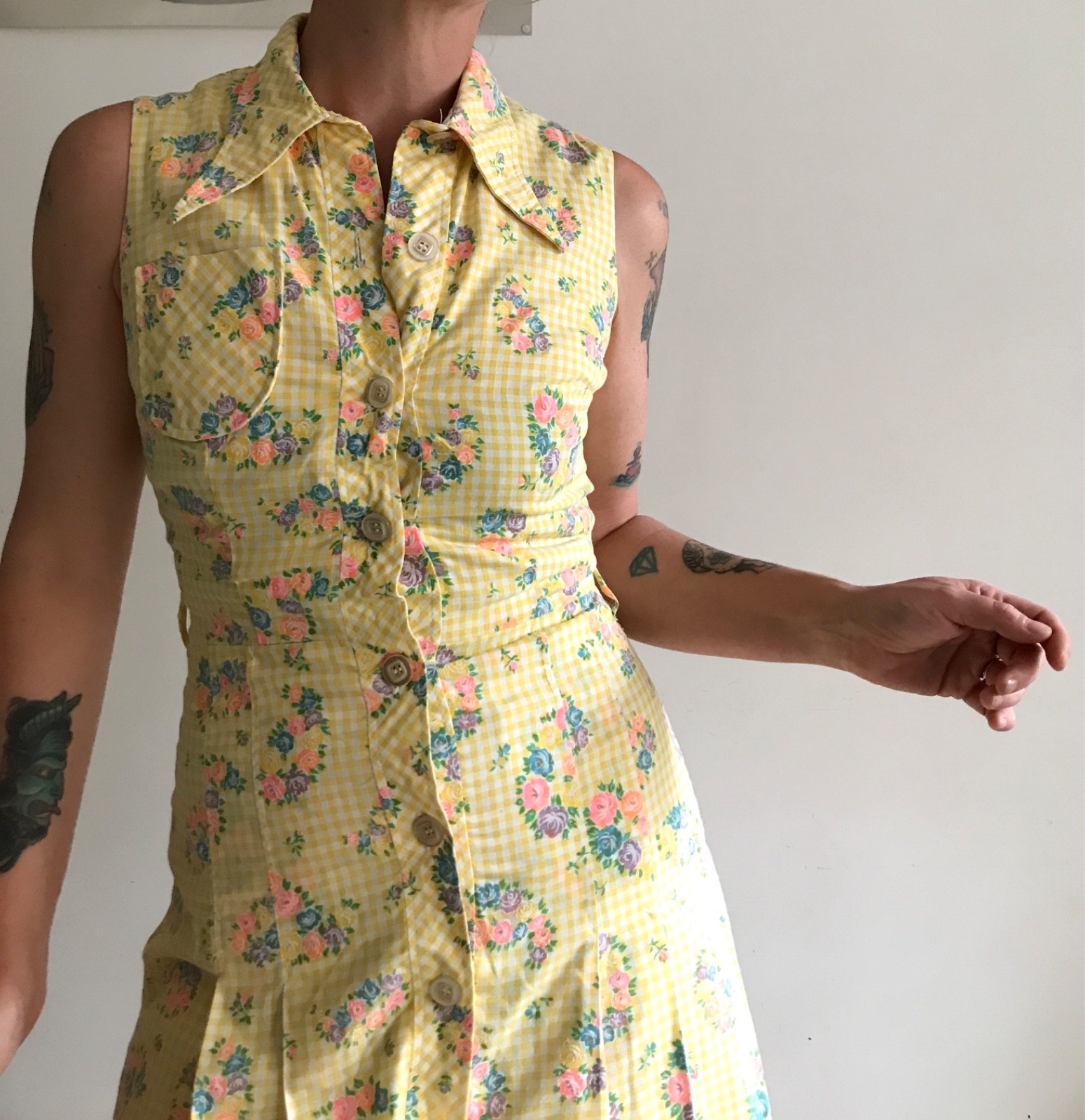 Vintage 70s Betty Barclay Yellow Plaid Flower Chemisier Dress Size XS S