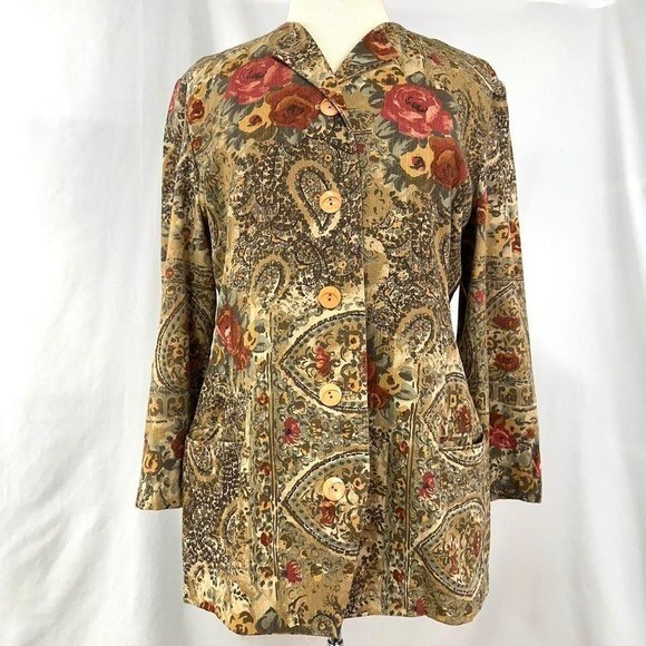 WORTHINGTON Vintage 80s 90s Tan Floral Blazer Jacket Women’s 14 Petite USA Made