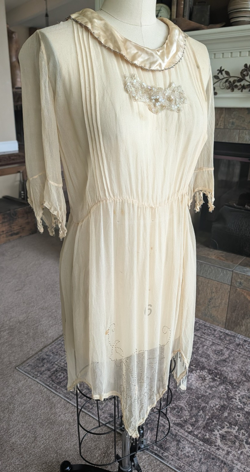 Antique 1920s silk beaded sheer dress beige flapper 40″ bust bead trim