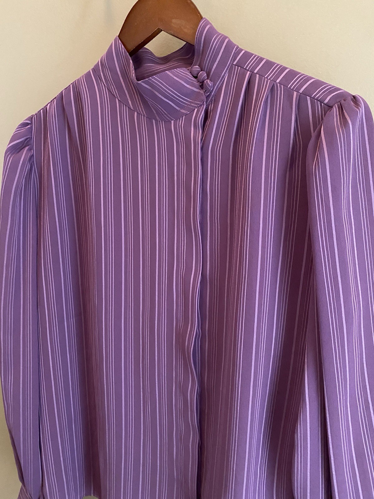 Vintage Purple Striped High Neck Long Sleeve Blouse Size 12 Large