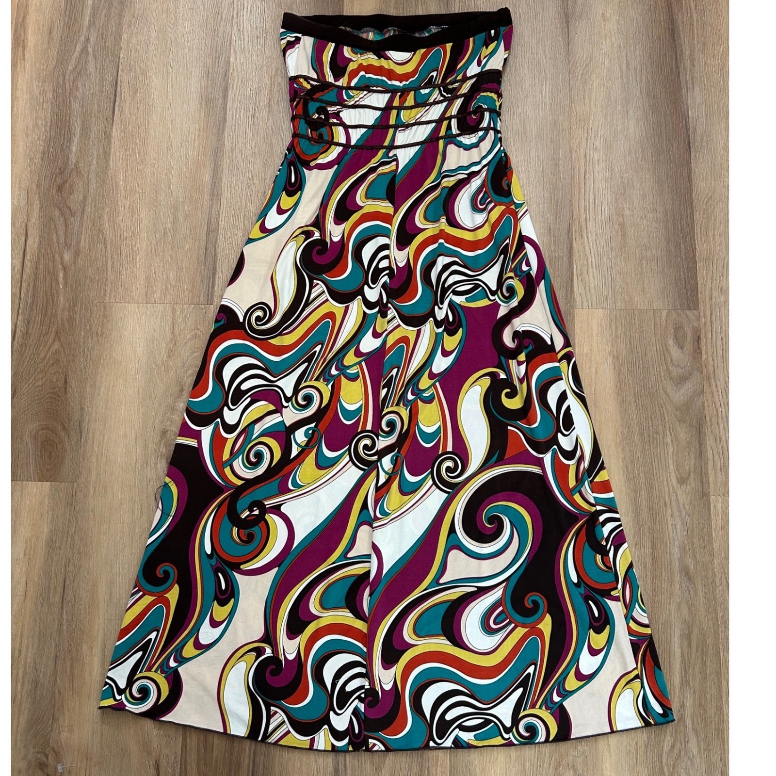 Vtg Strapless Maxi Dress Psychedelic Swirl Print Brown Multi M boho Funky resort