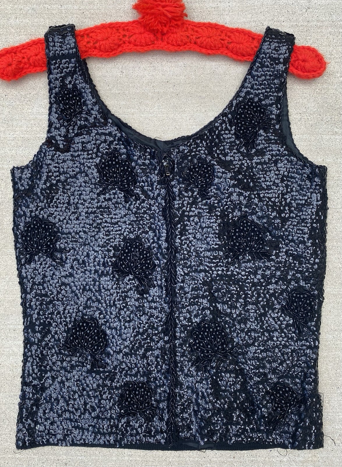 Black Sequin Beaded Wool Top Hong Kong Metal Zip Pinup Glam Tank S 50s 60s Vtg