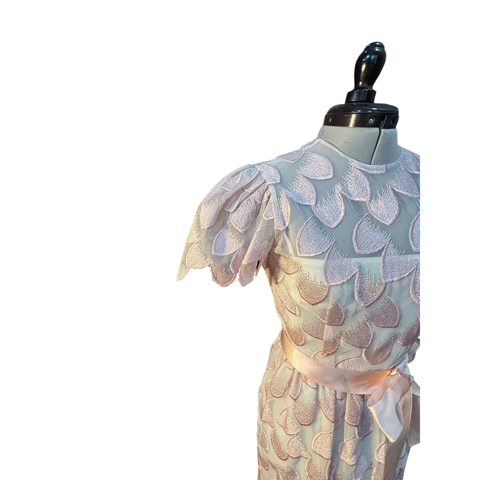Pastel Petal Appliqué Dress Puff Sleeve Sheer Overlay William Pearson 80s Party