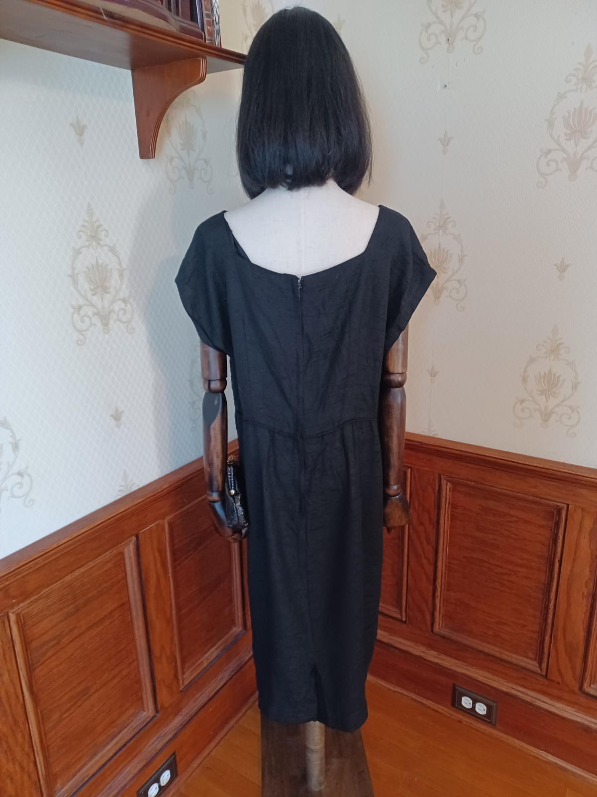 Vintage Mid-century Slubbed Black Cotton Little Black Cocktail Dress, size XL