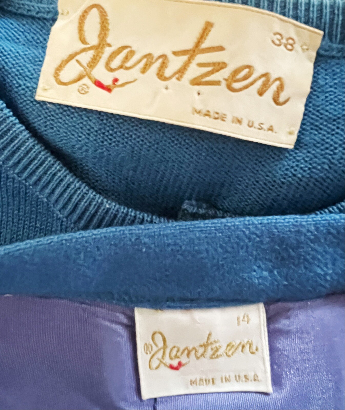 Vintage JANTZEN Sweater &Wool Bl. Skirt Set Sz M/L Blue Button Up Cardigan 1960s