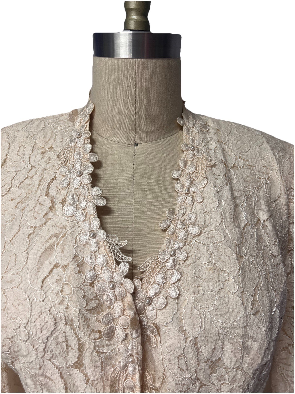 Vintage 80s Cachet by Bari Protas Ivory Fitted Lace Jacket w/ Pearls Size 9/10
