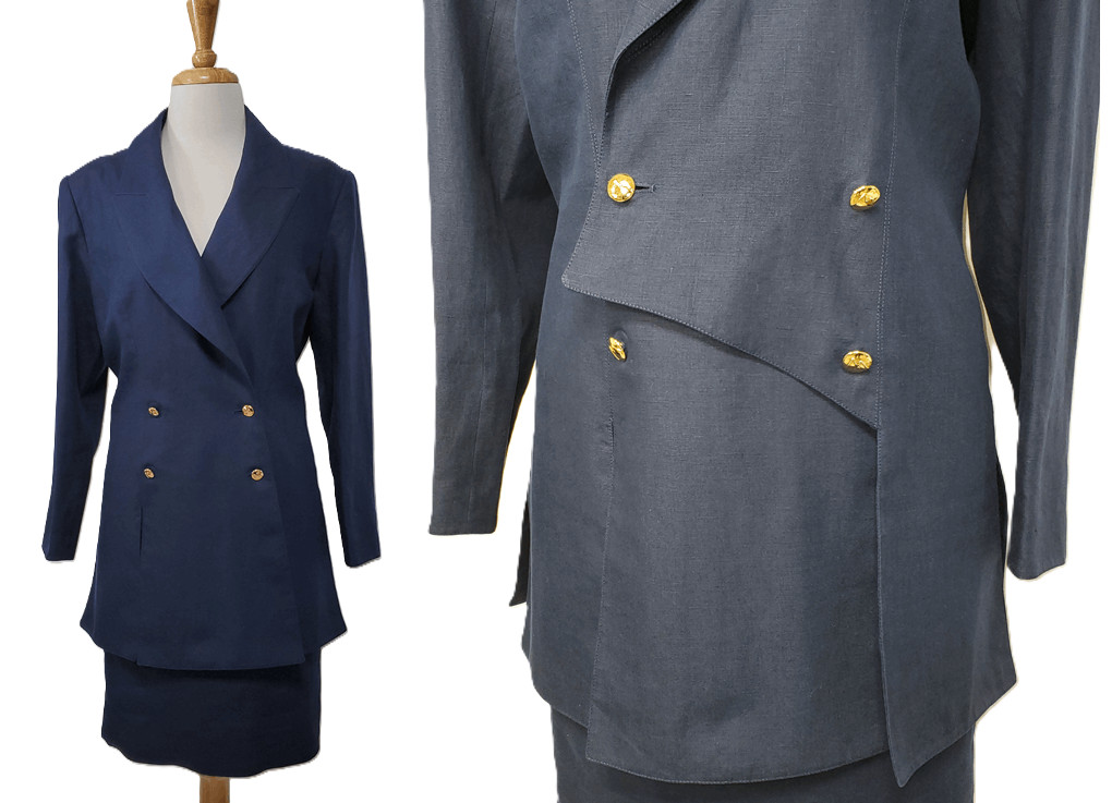 Vintage 80s CLAUDE MONTANA Power SUIT Boom Boss Woman Corp Blue Italy Sz M L 12