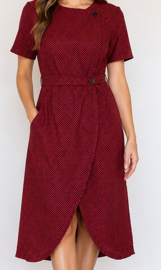 Vintage Ms Chaus Wrap Dress Red Black Check Rayon Midi Pockets Size 14 USA