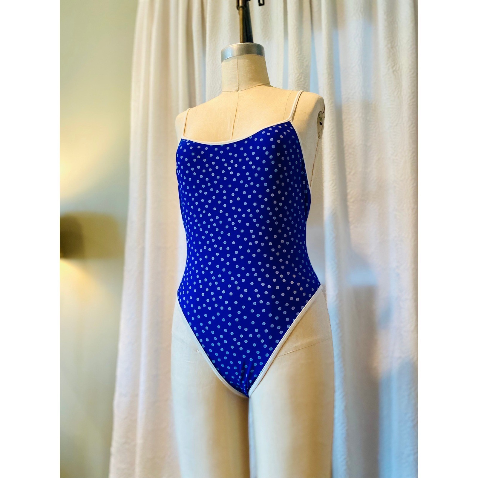 Vintage Polka Dot One Piece Swimsuit, Royal Blue, Size 7/8