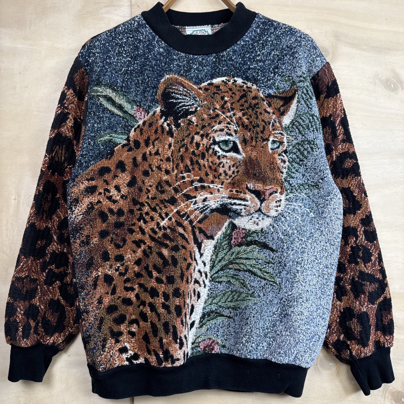 Vintage Sugar Street Weavers Leopard Print Tapestry Crewneck Sweatshirt OSFM