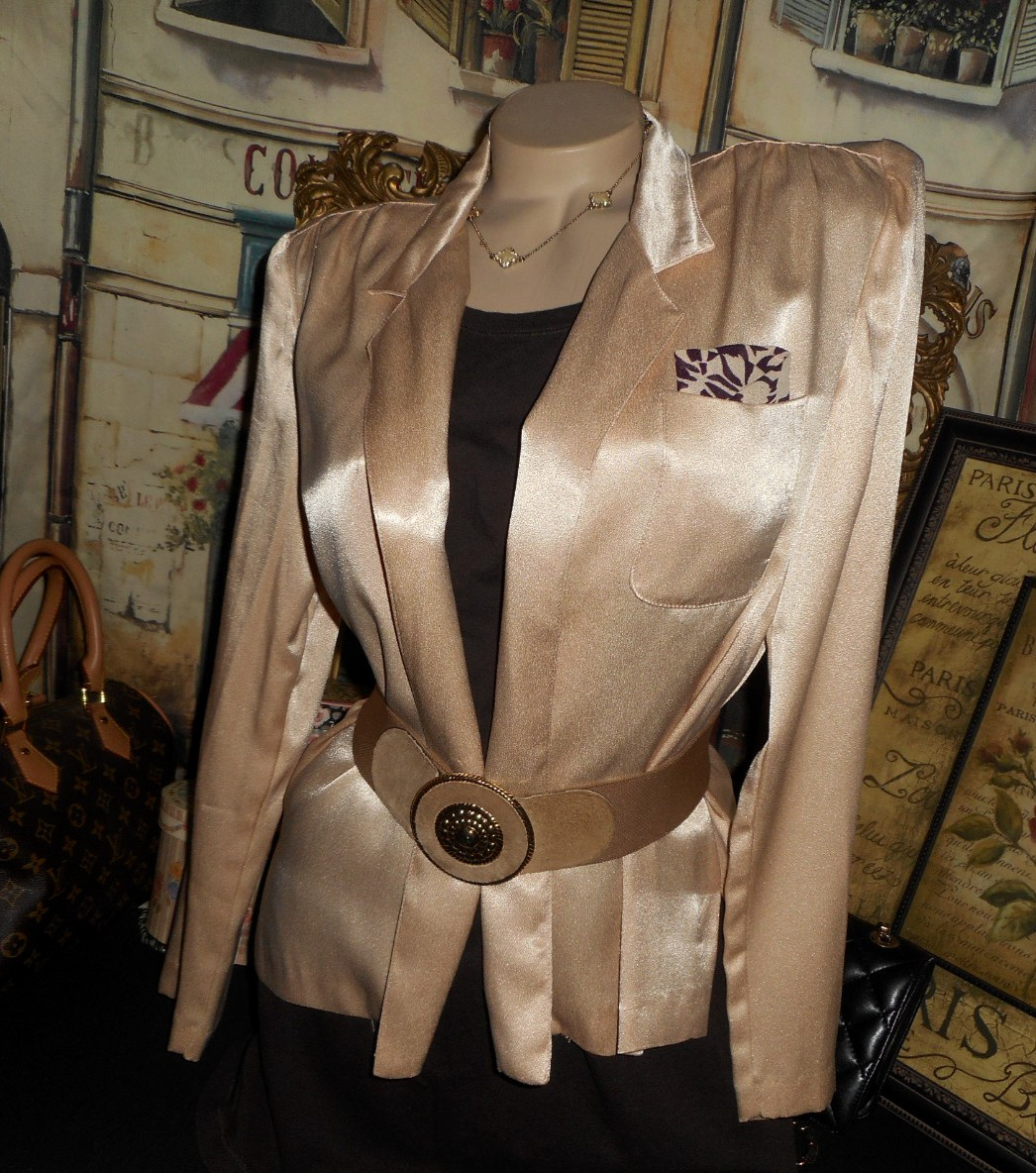 8 10 VinTage Satin Blazer Open Front Fly-a-way No Button Gold 1980’s Executive