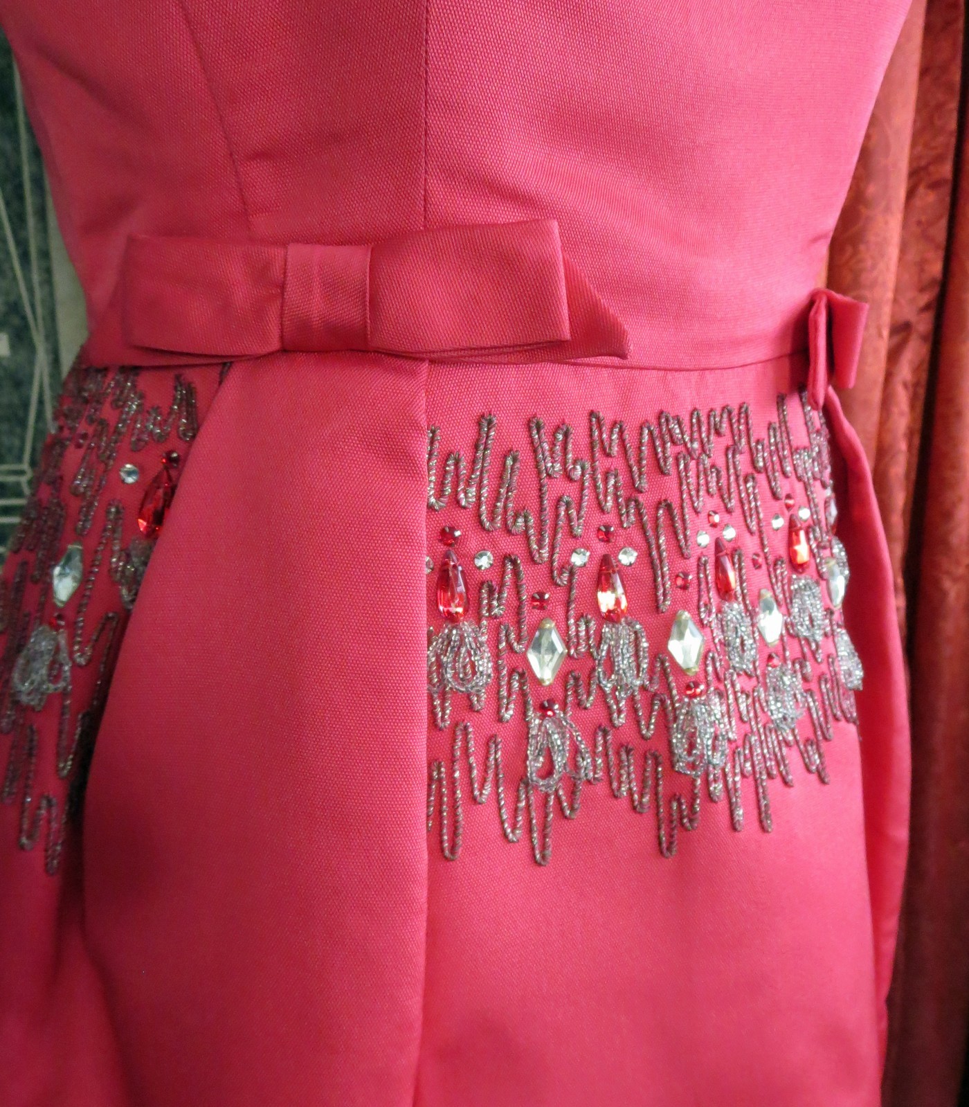 1950s 1960s Hot Pink 100% Silk Beaded Cocktail Party Dress Marjorie Michael S