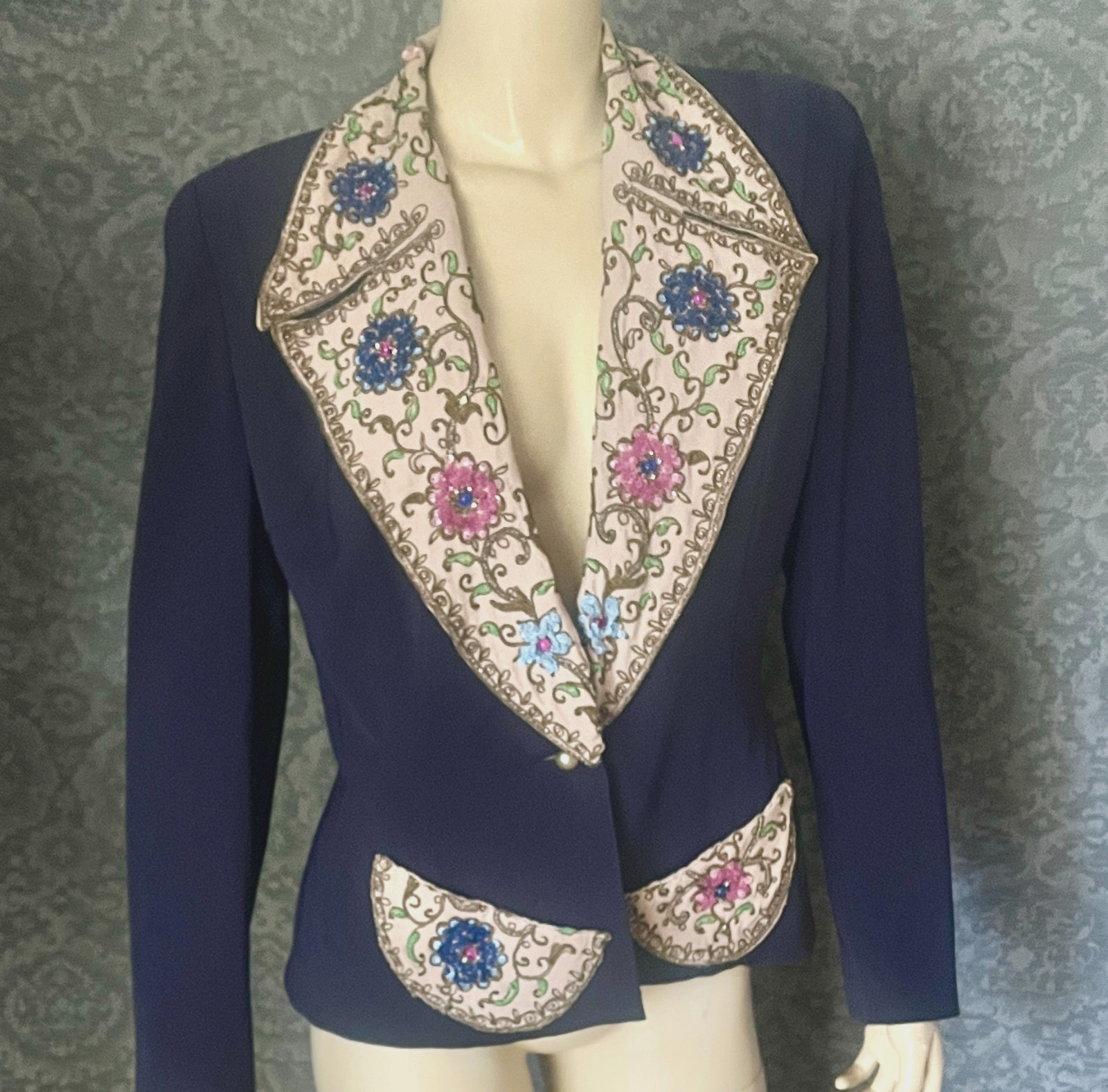 1950s Navy Blue Gabardine Suit Jacket, Lavish Beaded, Sequined Collar, Pockets M