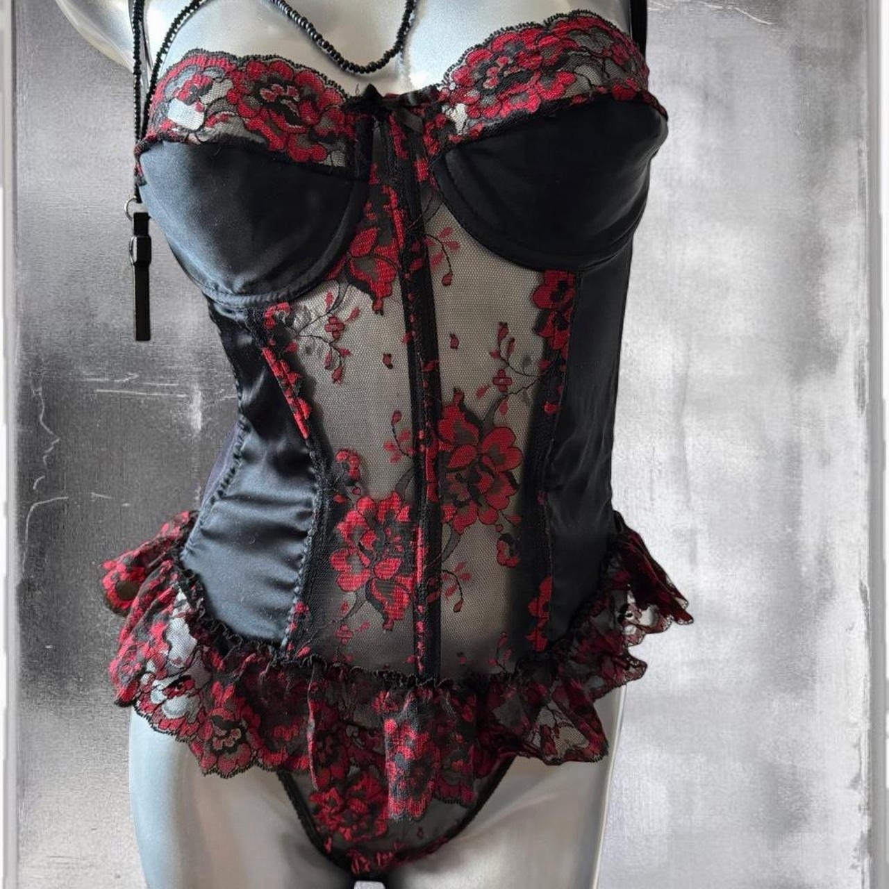 70s/80s Vintage Shirley’s Black and Red Satin and Lace Paneled Teddy Size M