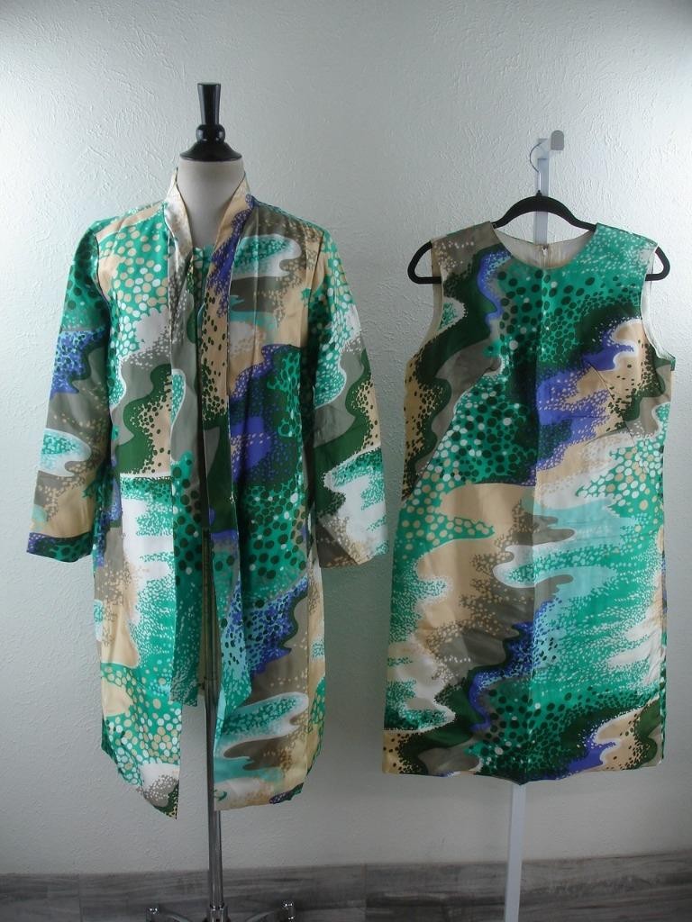 Women’s M L 16 Vtg 1960’s 2-Pc Dress Suit Long Jacket Maxi Cape Colorful Satin
