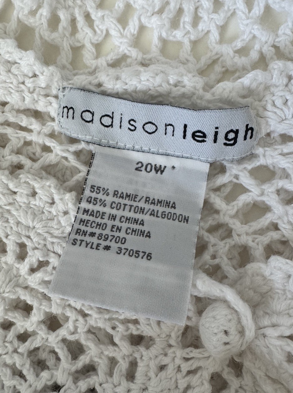 Vintage Crocheted Open Shawl Cardigan 20W XL White SS Boho Hippie Cover Up
