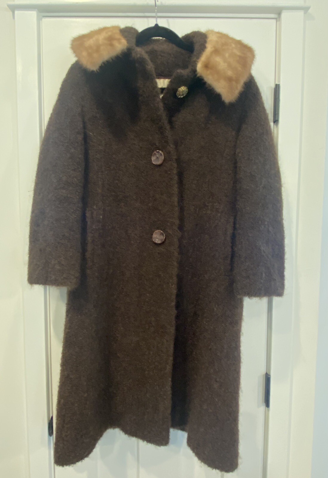 Vintage John Wanamaker Forstmann Wool Blend Boucle Fur Collar Coat Brown Small?
