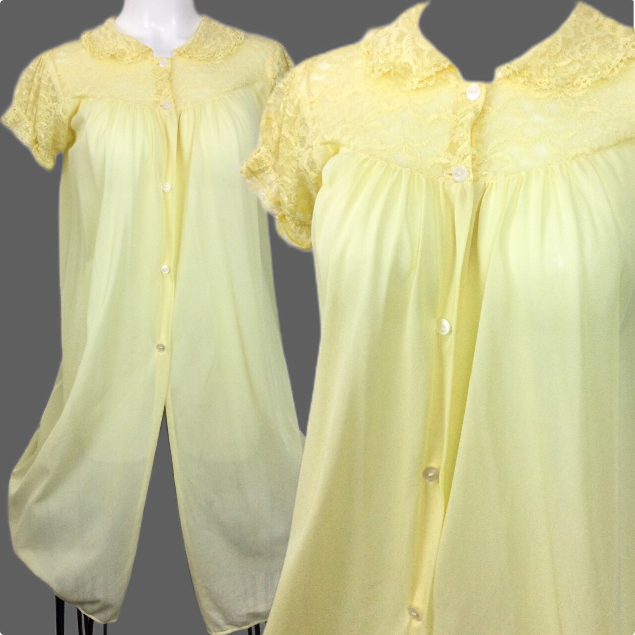 Vintage Philmaid 50s 60s yellow duster bed jacket lace trim Medium