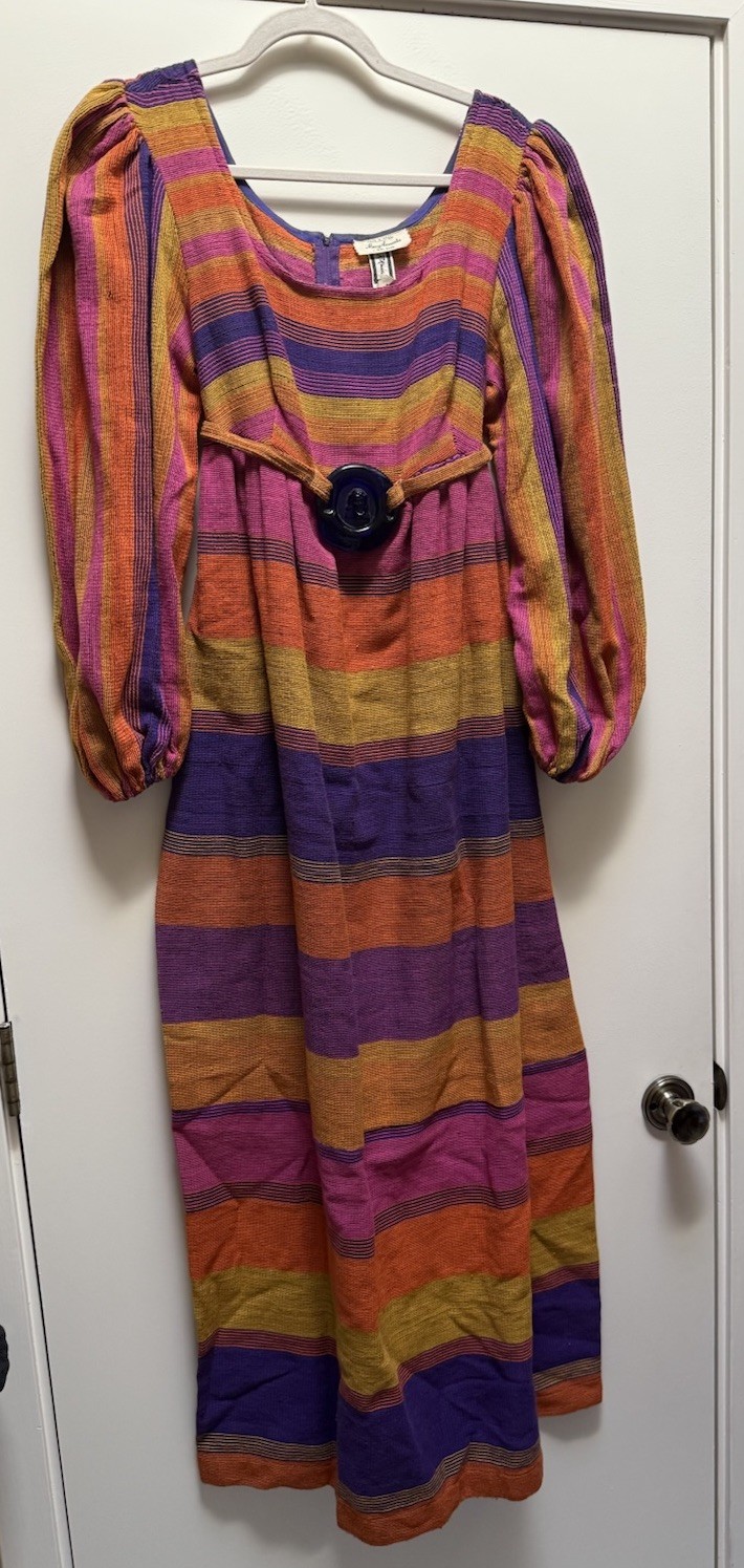 Vintage Rikma Multicolor Striped Caftan Maxi Dress Sz L W/ Glass Belt Israel