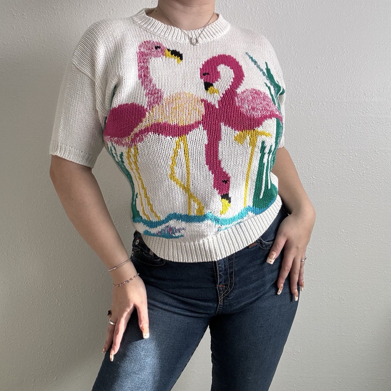 HONORS MISSES Vintage 1980s Retro White Pink Flamingo Short Sleeve Sweater Top